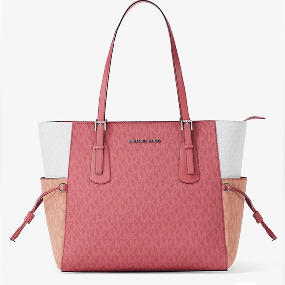 MICHAEL KORS Voyager Lg Color-Block Logo Top Zip EW Shoulder ToteHibiscusNWT